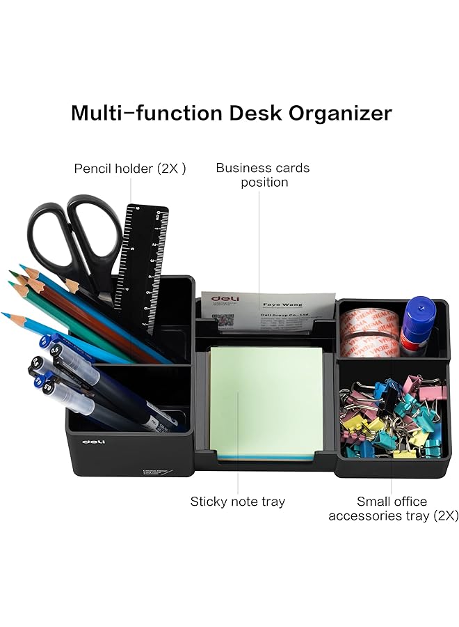 ديلي منظم مكتب بلاستيكي مع حامل أقلام ودرج ملاحظات لاصقة، أدوات مكتبية، منظمات إكسسوارات، علبة 6 مقصورات، أسود - Image 3
