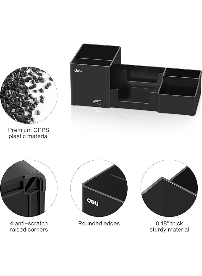 ديلي منظم مكتب بلاستيكي مع حامل أقلام ودرج ملاحظات لاصقة، أدوات مكتبية، منظمات إكسسوارات، علبة 6 مقصورات، أسود - Image 5