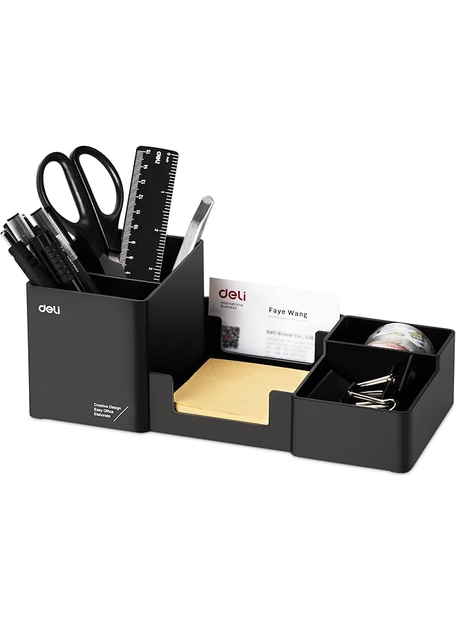 ديلي منظم مكتب بلاستيكي مع حامل أقلام ودرج ملاحظات لاصقة، أدوات مكتبية، منظمات إكسسوارات، علبة 6 مقصورات، أسود - Image 1