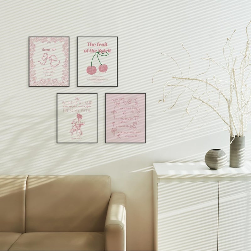 Etviso Christian Wall Art Coquette Pink Bow Bible Verse Wall Decor Set of 4 Trendy Preppy Christian Wall Art يطبع ديكور ملصق الهدية المسيحية للنساء غرفة نوم 8x10 (دون إطار) - Image 3