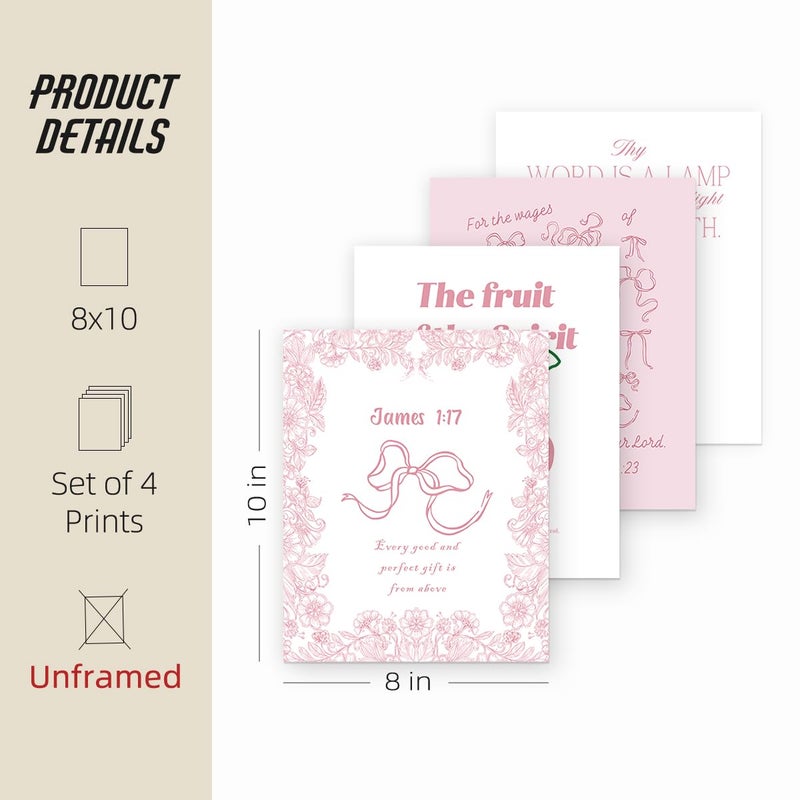 Etviso Christian Wall Art Coquette Pink Bow Bible Verse Wall Decor Set of 4 Trendy Preppy Christian Wall Art يطبع ديكور ملصق الهدية المسيحية للنساء غرفة نوم 8x10 (دون إطار) - Image 5
