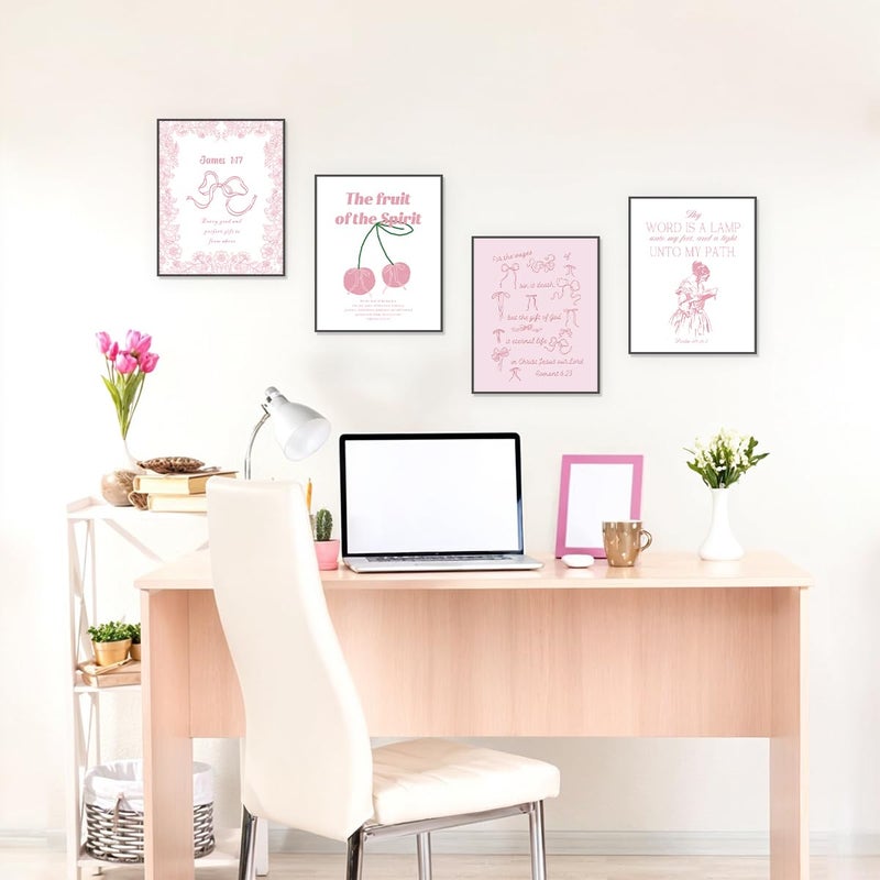 Etviso Christian Wall Art Coquette Pink Bow Bible Verse Wall Decor Set of 4 Trendy Preppy Christian Wall Art يطبع ديكور ملصق الهدية المسيحية للنساء غرفة نوم 8x10 (دون إطار) - Image 2