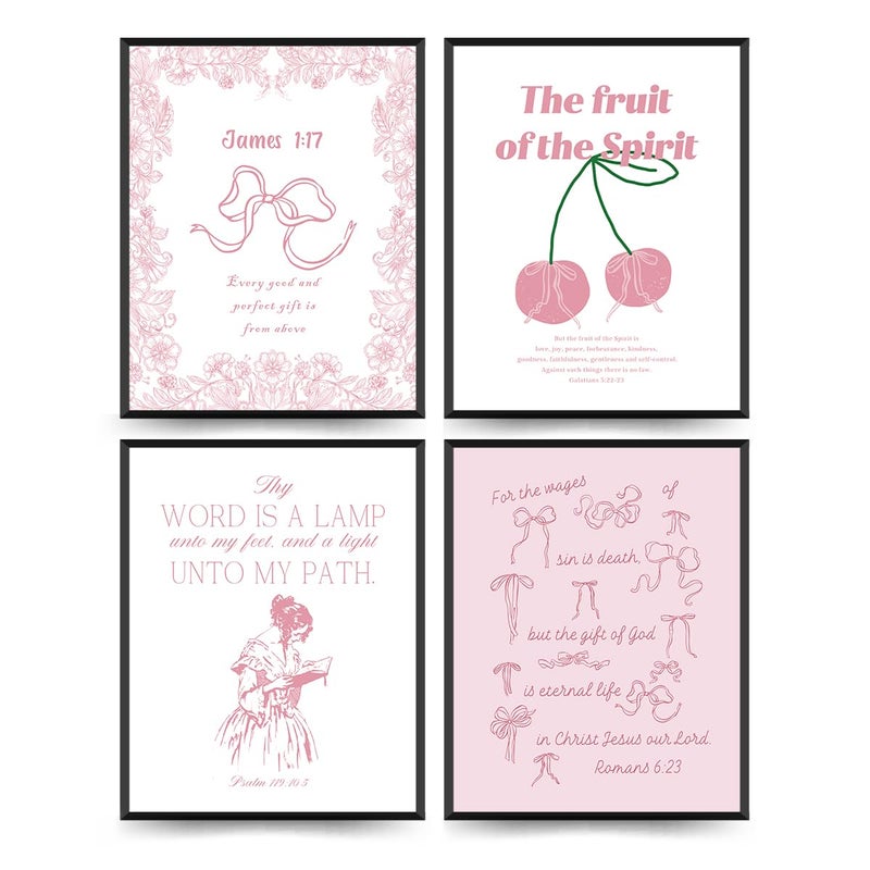 Etviso Christian Wall Art Coquette Pink Bow Bible Verse Wall Decor Set of 4 Trendy Preppy Christian Wall Art يطبع ديكور ملصق الهدية المسيحية للنساء غرفة نوم 8x10 (دون إطار) - Image 1
