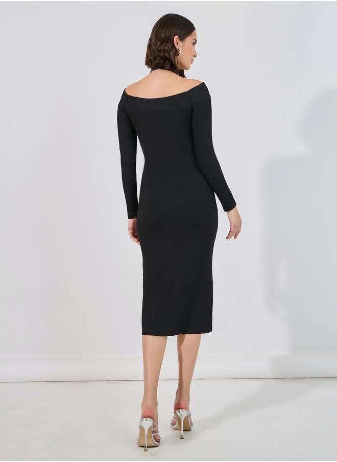 Styli Cut-Out Detail Ribbed Bodycon Midi Dress