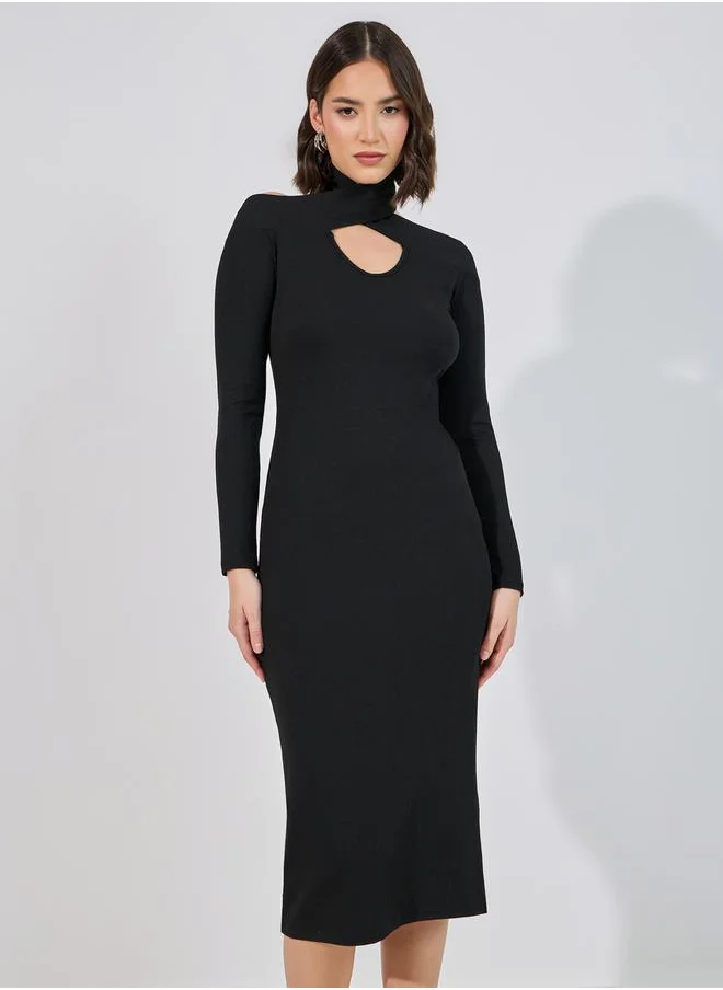 Styli Cut-Out Detail Ribbed Bodycon Midi Dress