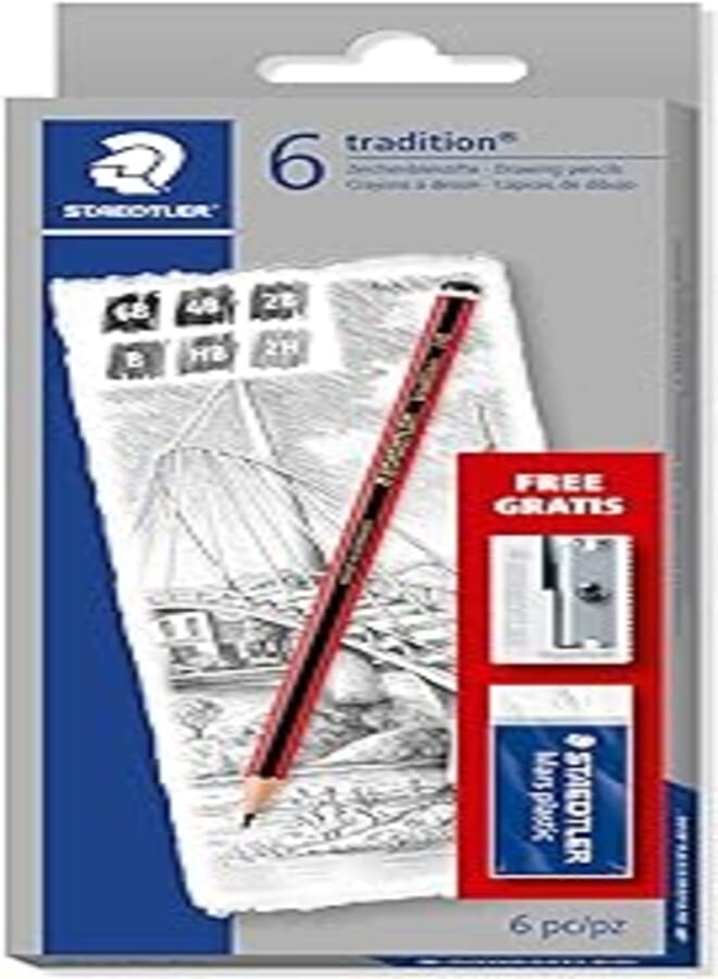 Staedtler 61 110c6 tradition sketching pencil with mars plastic eraser/metal sharpener (pack of 6)
