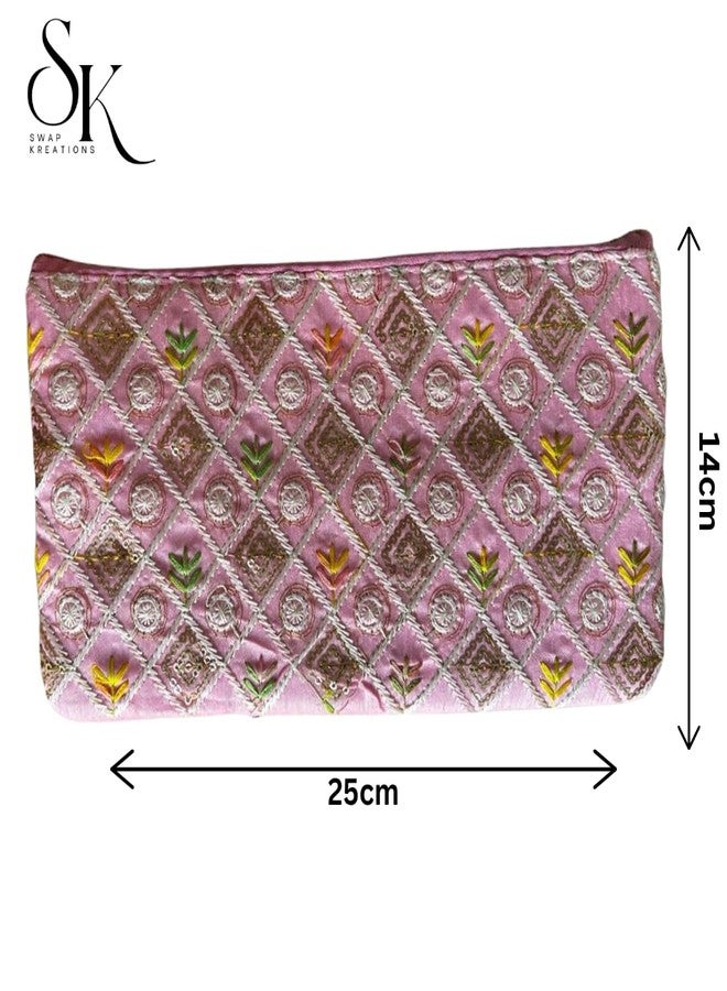 SwapKreations Premium Embellished Ethnic Design Zipper Pouch | Yellow, Baby Pink, Pista Green | Set of 3 | Ethnic Wedding Gift, Makeup, Coin & Travel Organizer - Image 4
