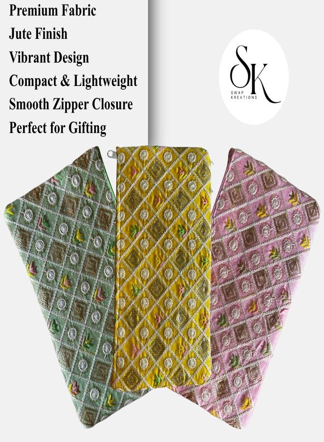 SwapKreations Premium Embellished Ethnic Design Zipper Pouch | Yellow, Baby Pink, Pista Green | Set of 3 | Ethnic Wedding Gift, Makeup, Coin & Travel Organizer - Image 5