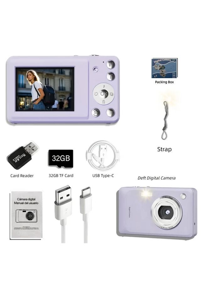 Lavender Digital Camera 1080P HD Vlogging Anti Shake 32G TF Card USB Type C - Image 1