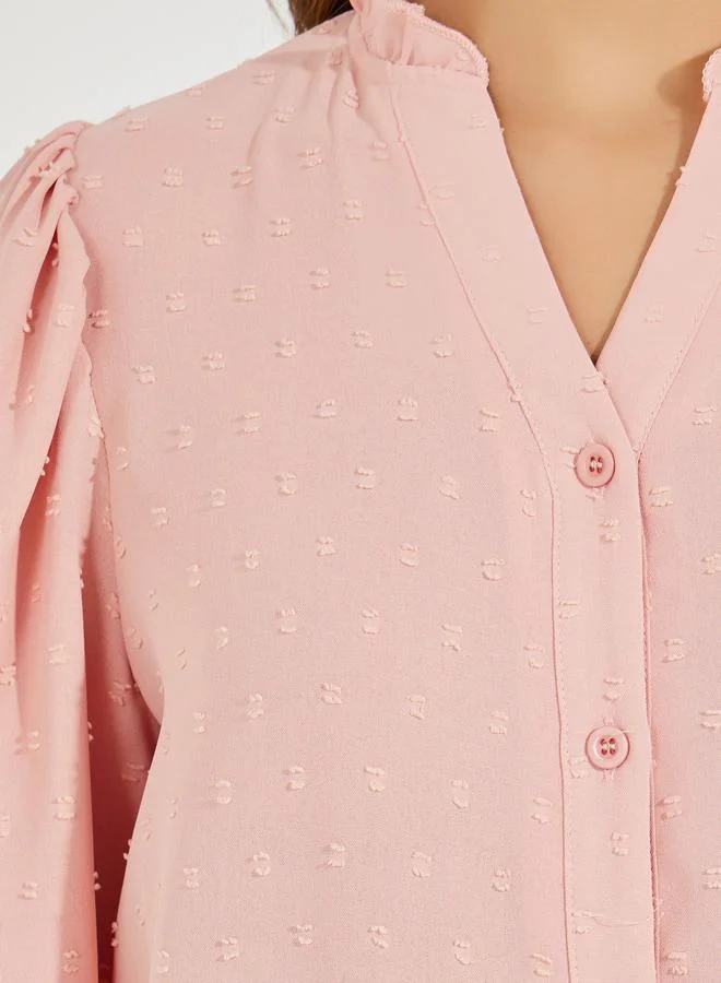 Styli Dobby Style Notch Neck Blouse with Balloon Sleeves