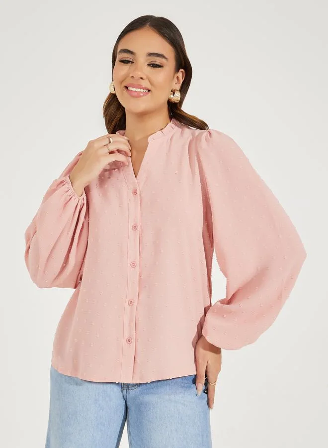 Styli Dobby Style Notch Neck Blouse with Balloon Sleeves