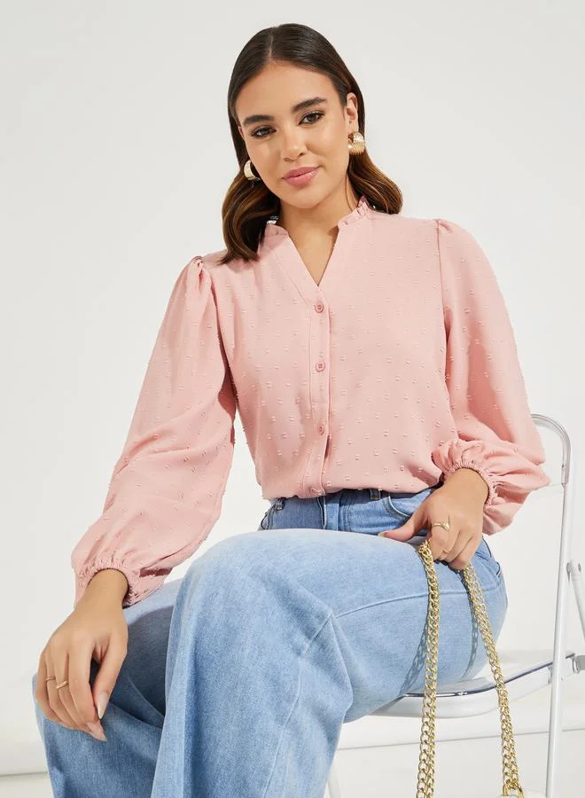 Styli Dobby Style Notch Neck Blouse with Balloon Sleeves