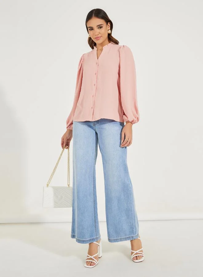 Styli Dobby Style Notch Neck Blouse with Balloon Sleeves