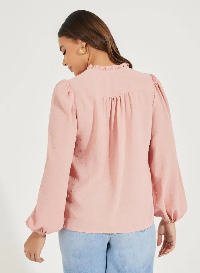 Styli Dobby Style Notch Neck Blouse with Balloon Sleeves