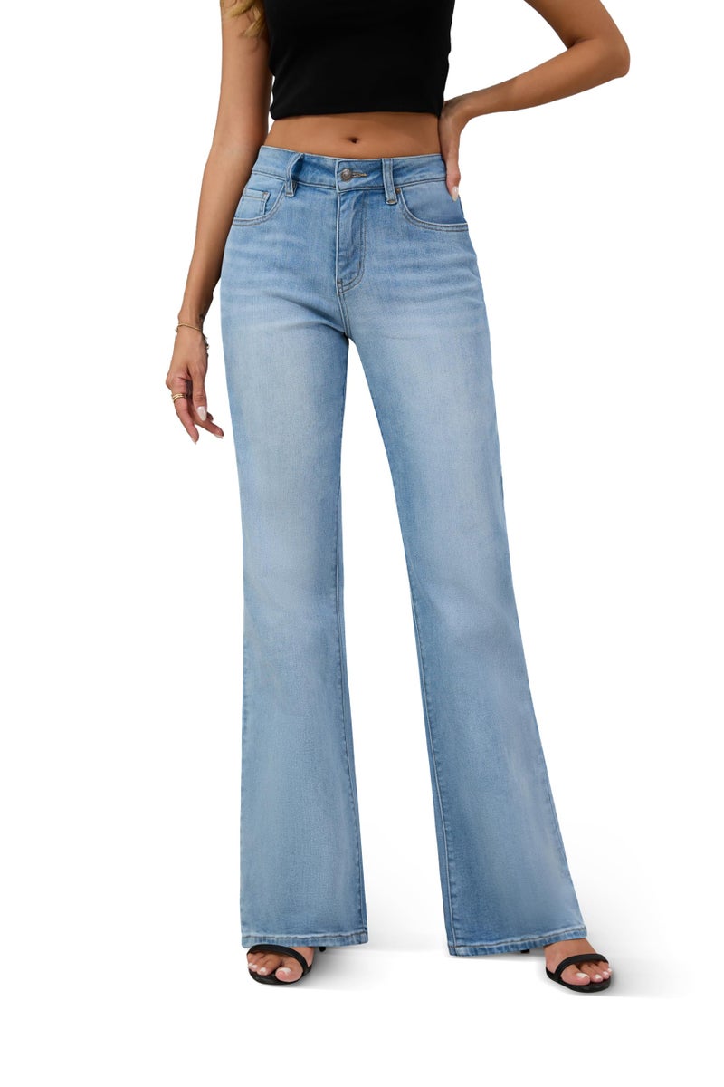 FLYING BANANA Women's High Rise Wide Leg Baggy Stretchy Loose Flare Bell Bottom Denim Jeans (Light Blue, 8) - Image 1