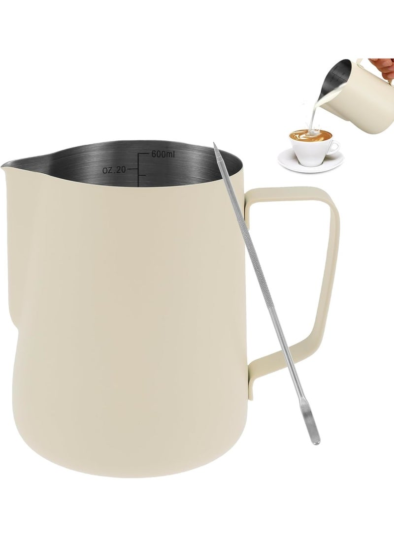 SYOSI Milk Frothing Pitcher, Stainless Steel Espresso Steaming Cup with Measurement Scale and Latte Art Pen, Durable Coffee Milk Frother for Barista Home Kitchen Use Beige - Image 1