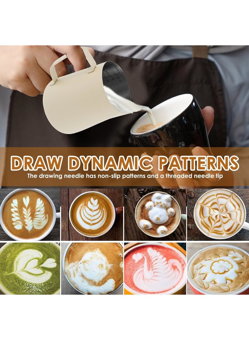 SYOSI Milk Frothing Pitcher, Stainless Steel Espresso Steaming Cup with Measurement Scale and Latte Art Pen, Durable Coffee Milk Frother for Barista Home Kitchen Use Beige - Image 2