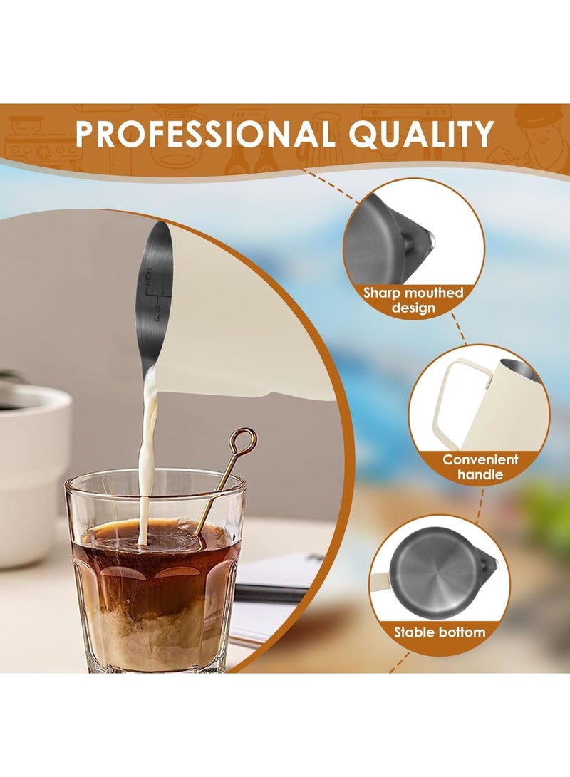 SYOSI Milk Frothing Pitcher, Stainless Steel Espresso Steaming Cup with Measurement Scale and Latte Art Pen, Durable Coffee Milk Frother for Barista Home Kitchen Use Beige - Image 3