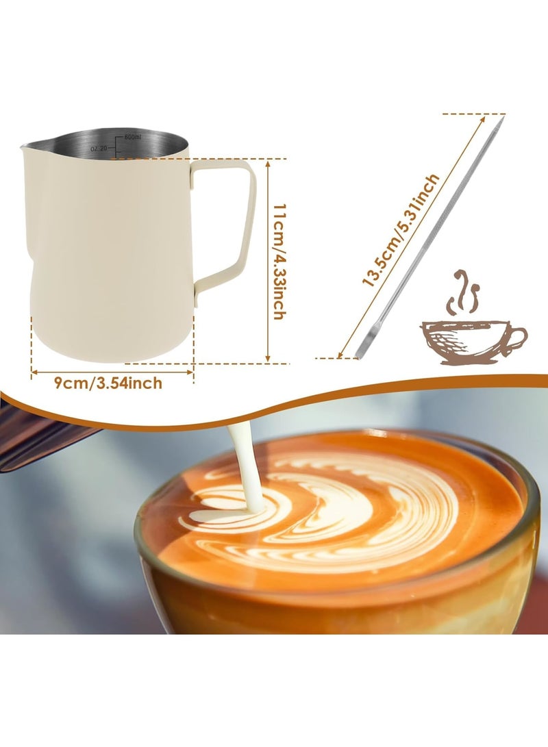 SYOSI Milk Frothing Pitcher, Stainless Steel Espresso Steaming Cup with Measurement Scale and Latte Art Pen, Durable Coffee Milk Frother for Barista Home Kitchen Use Beige - Image 5