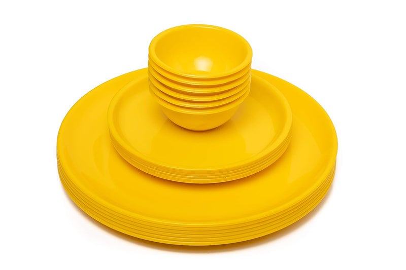 Urmila Plastic Microwave Safe Unbreakable Round Dinner Set Big Plates Set of 6 Small Plates Set of 6 12 Pcs Katori Made in India Set of 24 Green Yellow - Image 1