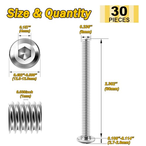 Mywish M6 x 60mm 30Pcs Silver Flat Head Hex Socket Cap Screws Bolts, 304 Stainless Steel Furniture Bolts Full Thread & Hex Spanner - Image 2