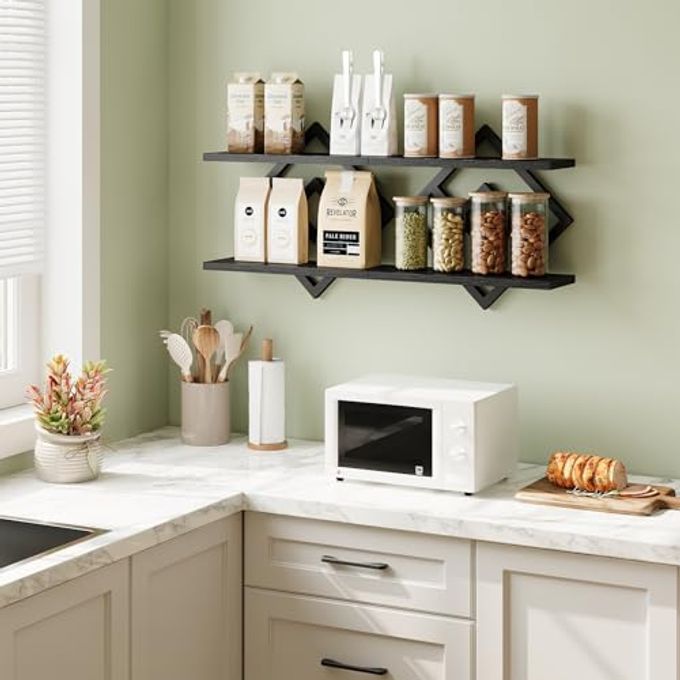 ELYKEN Floating Shelves for Wall, Set of 2 Hanging Shelves, 2-Tier Wall Mounted Storage Shelves for Books & Decor, Perfect for Living Room, Bedroom, Kitchen, Home Office, Study, Black - Image 3