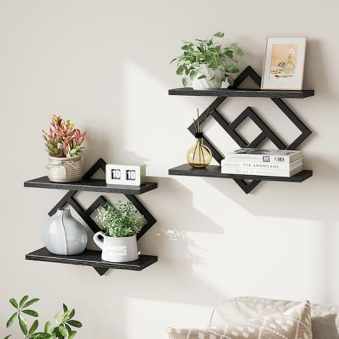 ELYKEN Floating Shelves for Wall, Set of 2 Hanging Shelves, 2-Tier Wall Mounted Storage Shelves for Books & Decor, Perfect for Living Room, Bedroom, Kitchen, Home Office, Study, Black - Image 4