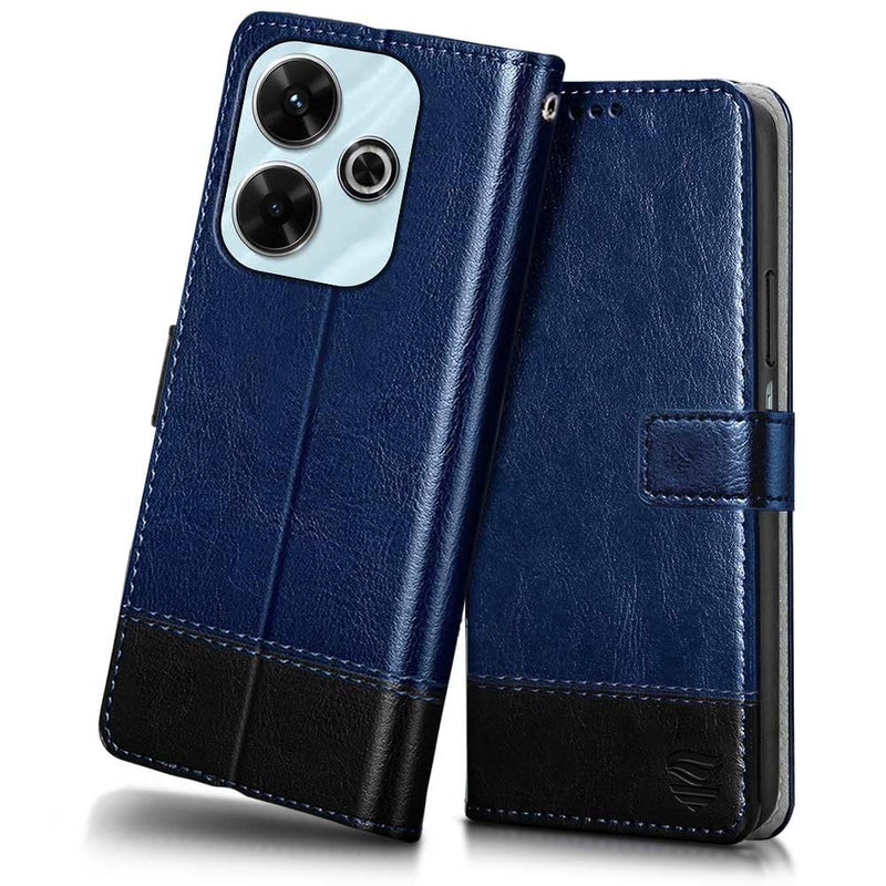 FLIPPED Vegan Leather Flip Case Back Cover for Mi Redmi 13 5G | Poco M6 Plus 5G (Flexible, Shock Proof | Hand Stitched Leather Finish | Card Pockets Wallet & Stand | Blue with Black) - Image 1