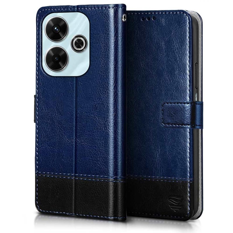 FLIPPED Vegan Leather Flip Case Back Cover for Mi Redmi 13 5G | Poco M6 Plus 5G (Flexible, Shock Proof | Hand Stitched Leather Finish | Card Pockets Wallet & Stand | Blue with Black) - Image 3