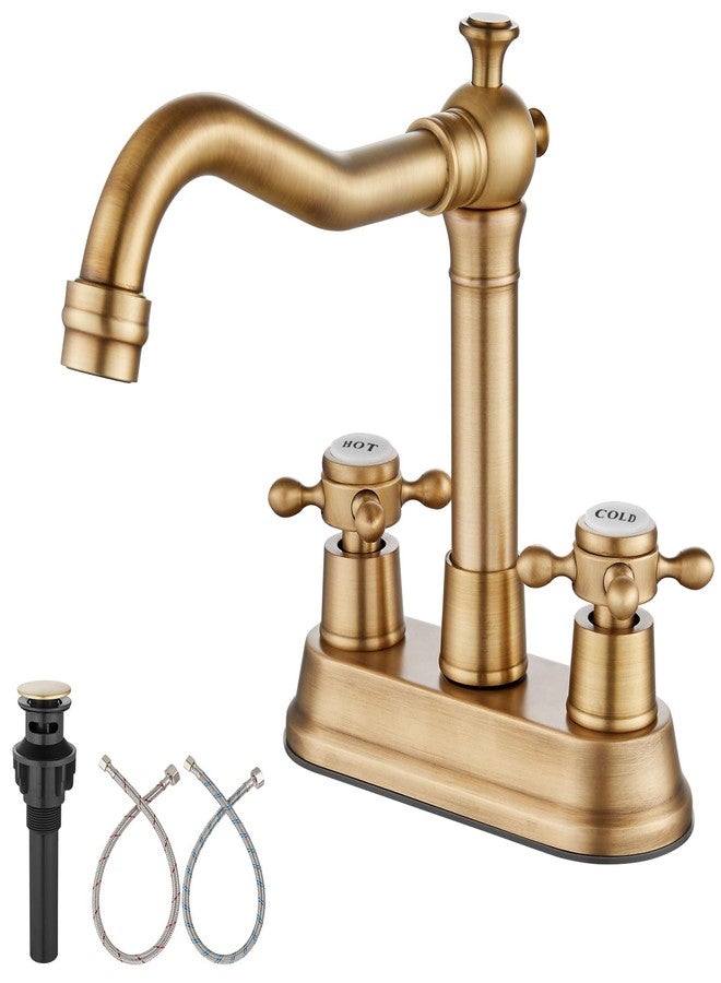 Aolemi Antique Brass Bathroom Sink Faucet 4 Inch Centerset Double Cross Handles Basin Mixer Tap with Pop up Drain 360 Degree Swivel Vintage Deck Mount Bath Lavatory Vanity Faucet 3 Holes - Image 1