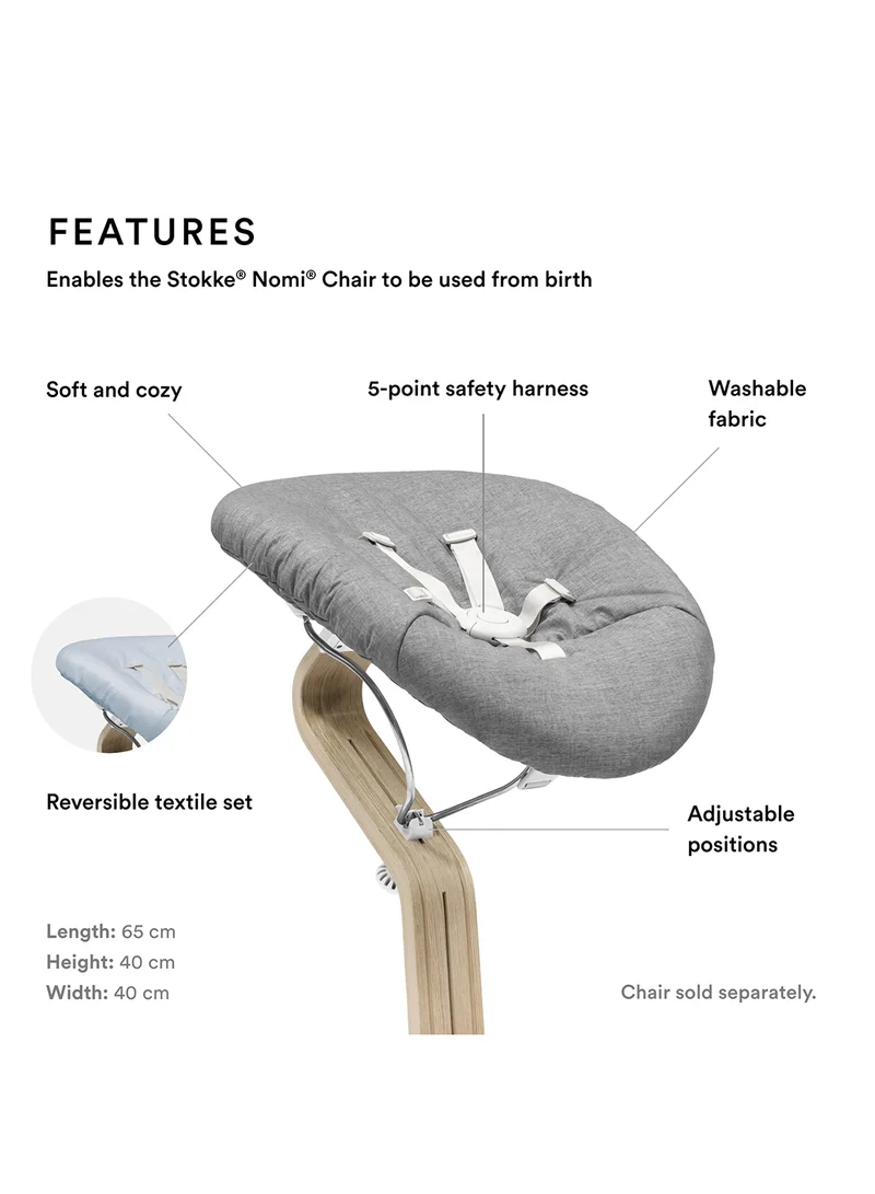 STOKKE Nomi Newborn Set For Baby Chair Includes 5 - Point Safety Harness And Reversibile, Washable Textile Setfits Nomi Baby High Chair - White/ Grey Blue