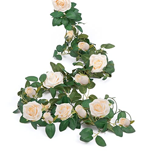 U'Artlines 3 Pack Artificial Champagne Rose Vines Floral Garlands Total 19.5 Ft Fake Vine Silk Flower Garland for Indoor Outdoor Home Wedding Arch Garden Wall Decoration - Image 2