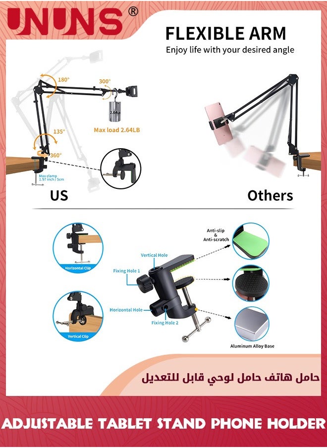 UNUNS Tablet Stand,Phone Holder,Universal Cellphone Clip,Adjustable Stand For 4.6-13'' Devices,Flexible 360° Rotation Bracket,Long Arm Clamp iPad iPhone Samsung,Mobile Stand For Bed Office Kitchen Desk  - Image 5