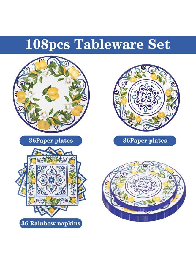 Adecortalk 108 PCS Capri Plates and Napkins Blue Tiles Mediterranean Party Decor Disposable Tableware Sets Baby Shower Birthday Party Decorations Supplies Favors for 36 Guests - Image 2