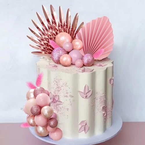 LEFUBABY 38 PCS Balls Cake Toppers Palm Leaves Cake Decorations for Birthday Wedding Baby Shower Party Supplies (Rose Gold) - Image 4