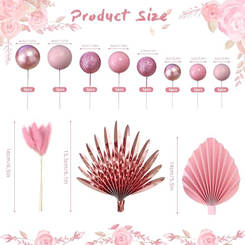 LEFUBABY 38 PCS Balls Cake Toppers Palm Leaves Cake Decorations for Birthday Wedding Baby Shower Party Supplies (Rose Gold) - Image 2