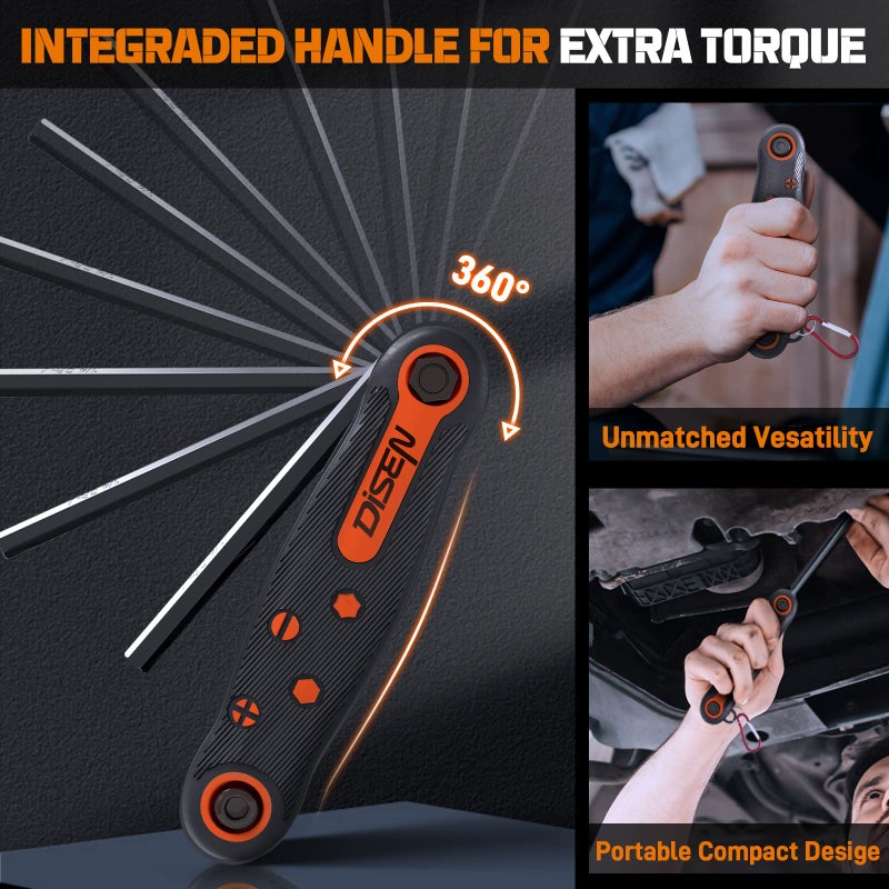 DISEN 25 Pieces Folding Allen Key Set, 3-Pack SAE & Metric Hex Key Set Torx Star Key Set, Portable with Keyhook, Heat Treated Chrome Vanadium Steel Allen Wrenches Set - Image 4