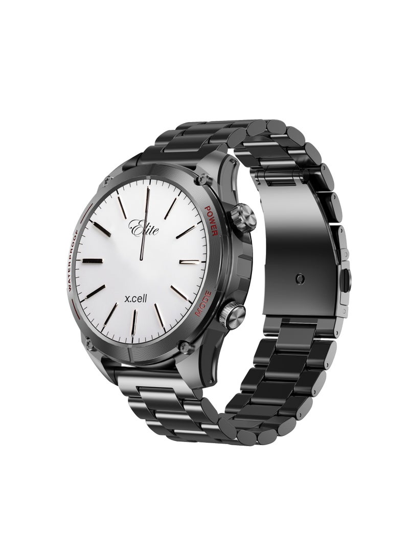 ساعة Xcell Elite8 Pro الذكية للرجال، شاشة AMOLED بحجم 1.43، مكالمات بلوتوث، حزامين إضافيين، أكثر من 120 وضع رياضي، معدل ضربات القلب و SpO2، IP67، دعم متعدد اللغات - إطار بلون المعدن المسدس مع حزام