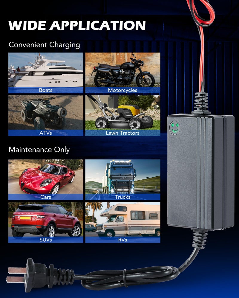 Orion Motor Tech 1PC 12V Battery Charger and Maintainer, Trickle Charger for Charging Boats Motorcycles ATVs Riding Mowers & Car Truck SUV RV Maintenance with Smart 3 Stage Charging & Power Indicator - Image 3