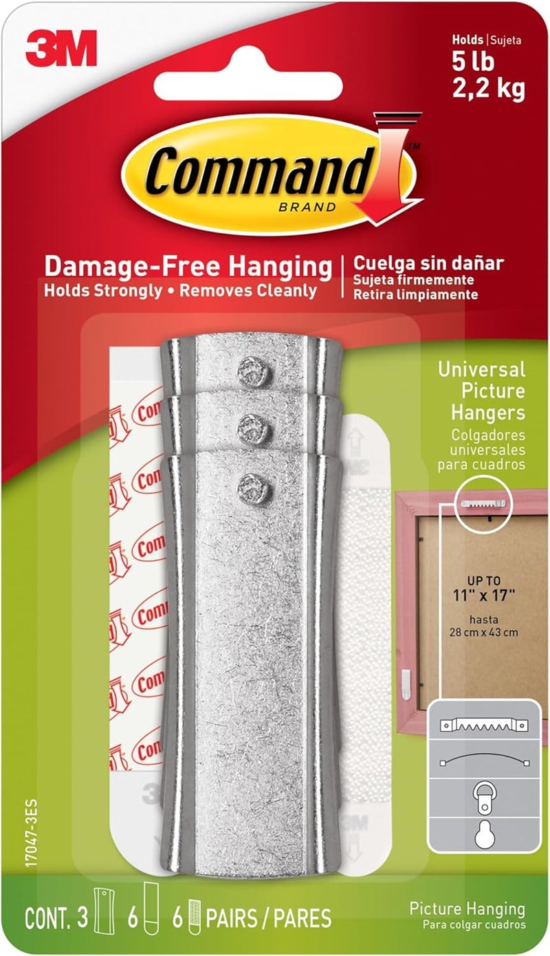 Command خطاف صور عالمي بوزن 5 رطل، 3 خطافات إطارات، 6 شرائط و6 شرائط مثبتة للإطارات لأسنان المنشار، حلقة D، سلك، ثقب المفتاح وإطارات أخرى، زينة عيد الميلاد بدون ضرر - Image 1