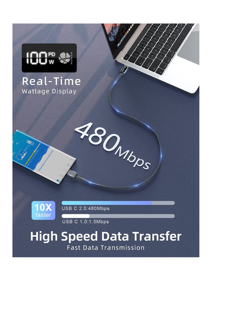 كابل USB C إلى USB C، كابل USB C بقوة 100 واط مع عرض، كابل من النوع C مضفر مسطح مقاوم للتشابك ل MacBook Pro، iPhone 15 Pro Max، Samsung Galaxy S22/S21 Ultra، Note 20، Dell XPS، Pixel، رمادي - Image 3