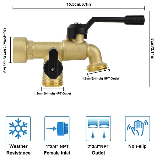 CNYGO Double Outdoor Faucet, Outside Tap Garden Water Faucet Wall Mounted 3/4 inch NPT Female Inlet & Two Outlets, Frost-proof Brass Outside Spigot for Home Balcony Hose Connector (Copper 3/4" Female Inlet) - Image 3