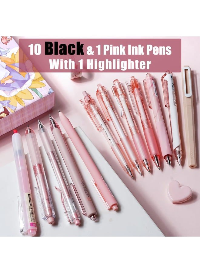 Four Candies 12Pack Pastel Gel Ink Pen Set, Cute Note Taking 0.5mm Fine Point Retractable 11 Pack Black Ink Pens with 1Pack Highlighter Writing, School, Office (Pink) - Image 2