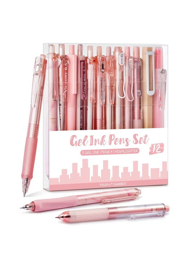 Four Candies 12Pack Pastel Gel Ink Pen Set, Cute Note Taking 0.5mm Fine Point Retractable 11 Pack Black Ink Pens with 1Pack Highlighter Writing, School, Office (Pink) - Image 1