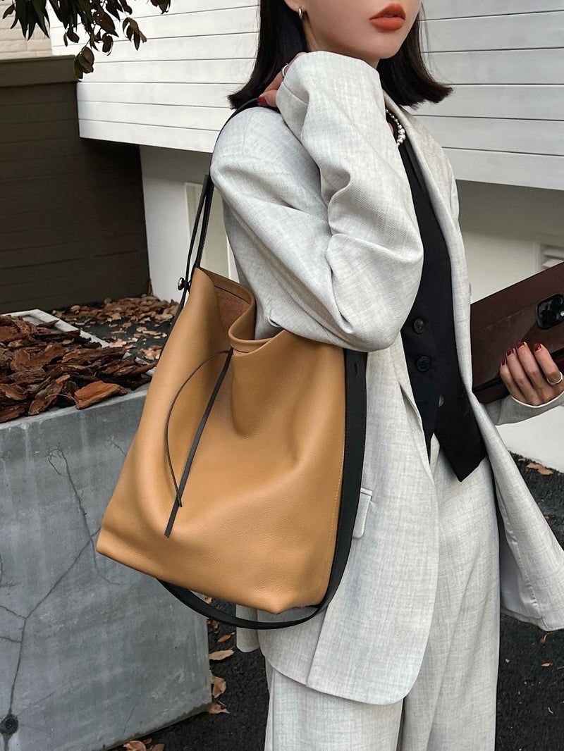 Top Layer Leather Women'S Bag Large Capacity Bucket Bag Manufacturers Lazy Wind Tote Bag Portable Shoulder Bag Messenger Bag - Image 3