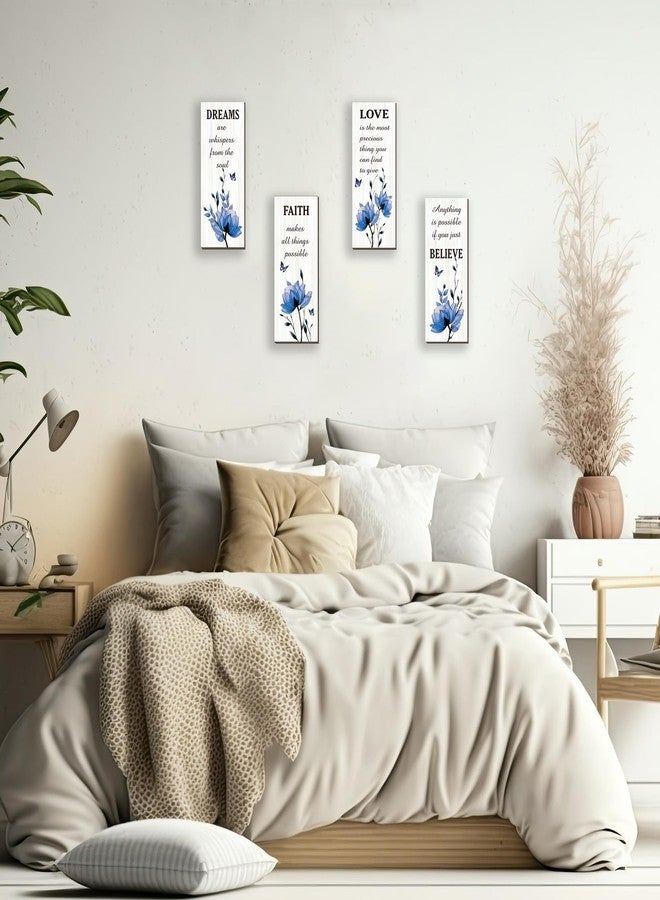 DONFENTHY 4 Pcs Blue Bathroom Decor Blue Wall Decor With Flower Dreams Faith Love Believe Positive Quotes Wooden Rustic Bathroom Accessories Home Bedroom Living Room Kitchen(10X4) - Image 5