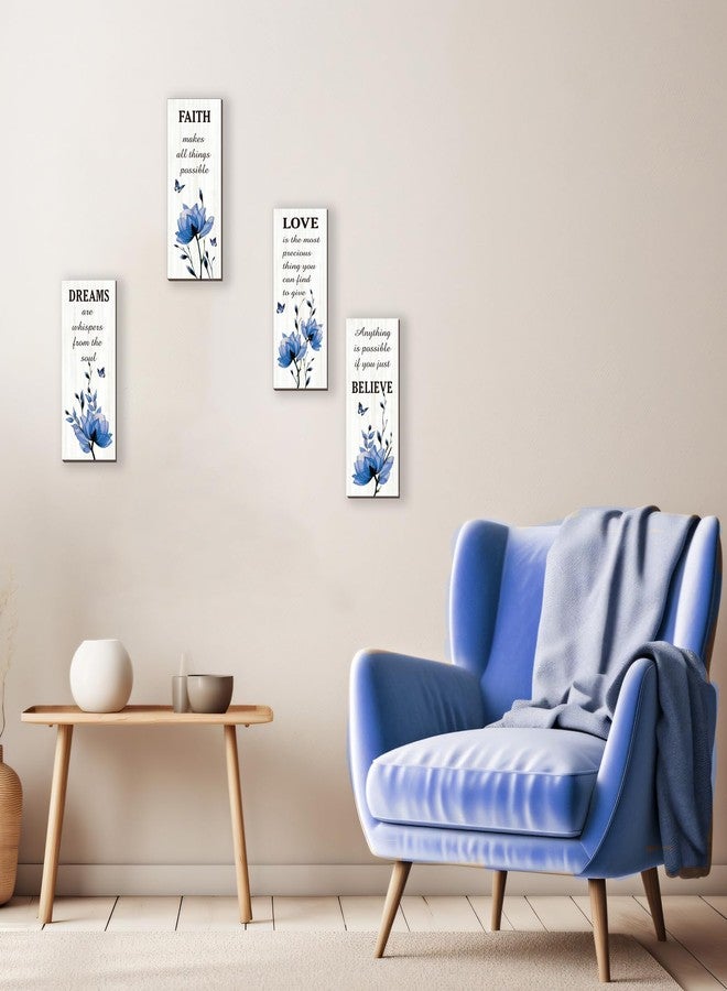 DONFENTHY 4 Pcs Blue Bathroom Decor Blue Wall Decor With Flower Dreams Faith Love Believe Positive Quotes Wooden Rustic Bathroom Accessories Home Bedroom Living Room Kitchen(10X4) - Image 2