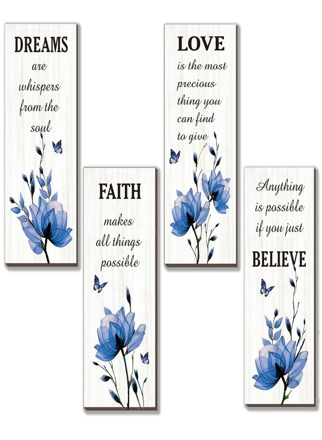 DONFENTHY 4 Pcs Blue Bathroom Decor Blue Wall Decor With Flower Dreams Faith Love Believe Positive Quotes Wooden Rustic Bathroom Accessories Home Bedroom Living Room Kitchen(10X4) - Image 1