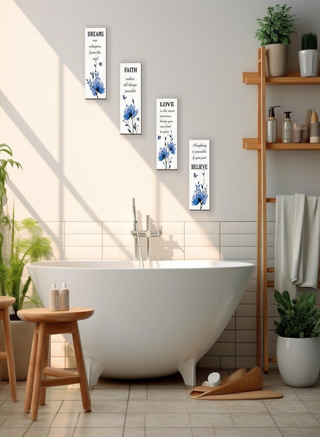 DONFENTHY 4 Pcs Blue Bathroom Decor Blue Wall Decor With Flower Dreams Faith Love Believe Positive Quotes Wooden Rustic Bathroom Accessories Home Bedroom Living Room Kitchen(10X4) - Image 3