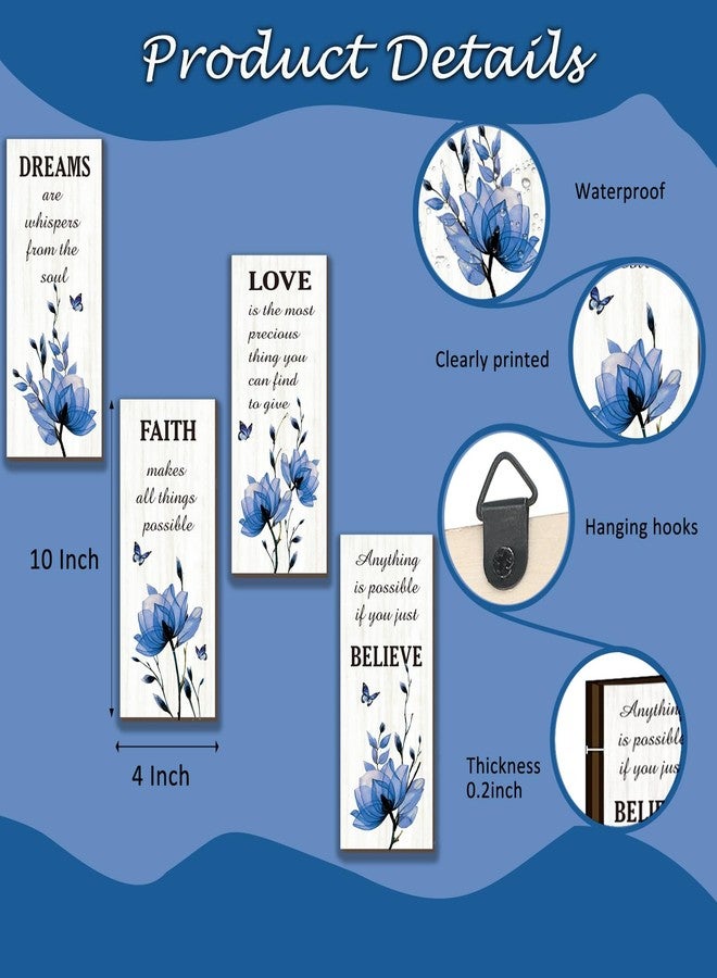 DONFENTHY 4 Pcs Blue Bathroom Decor Blue Wall Decor With Flower Dreams Faith Love Believe Positive Quotes Wooden Rustic Bathroom Accessories Home Bedroom Living Room Kitchen(10X4) - Image 4